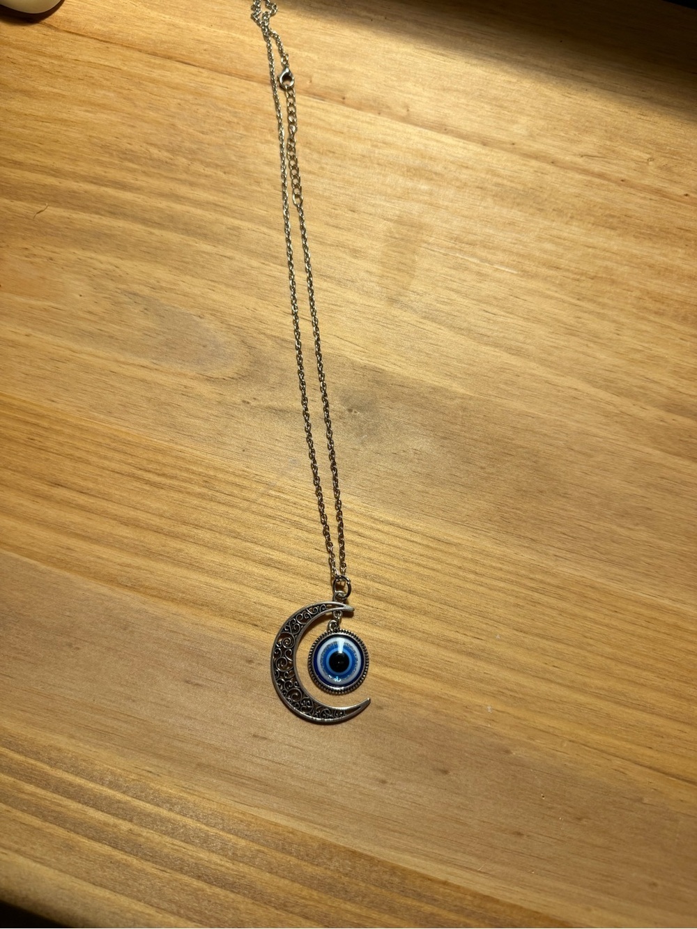 Silver Crescent Moon Necklace with Blue Evil Eye Pendant NWOT